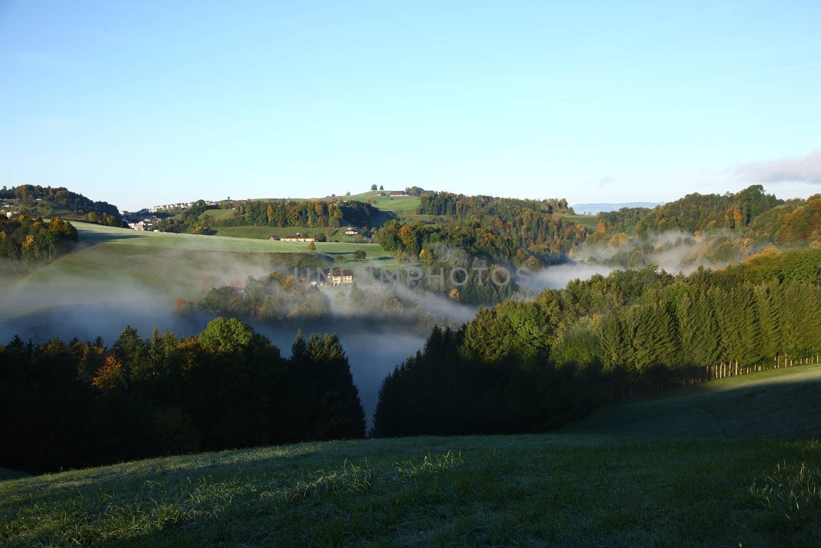 foggy valley in switzerland during sunrise with fog in the valley