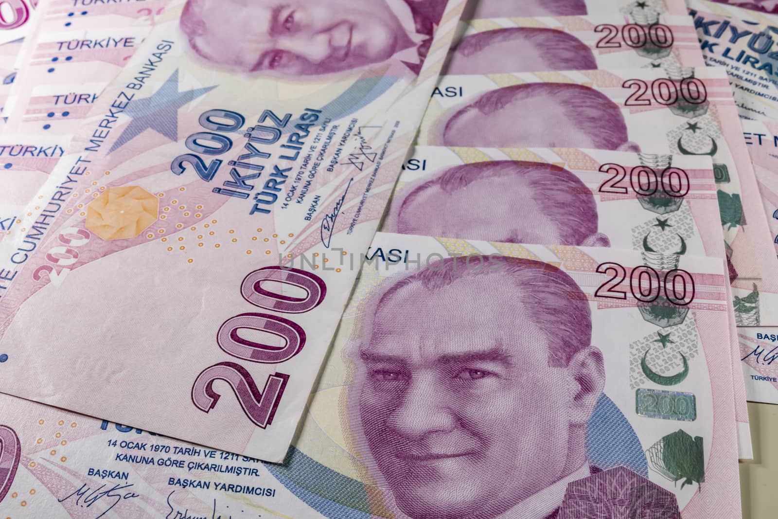 close up turkish lira banknotes on background