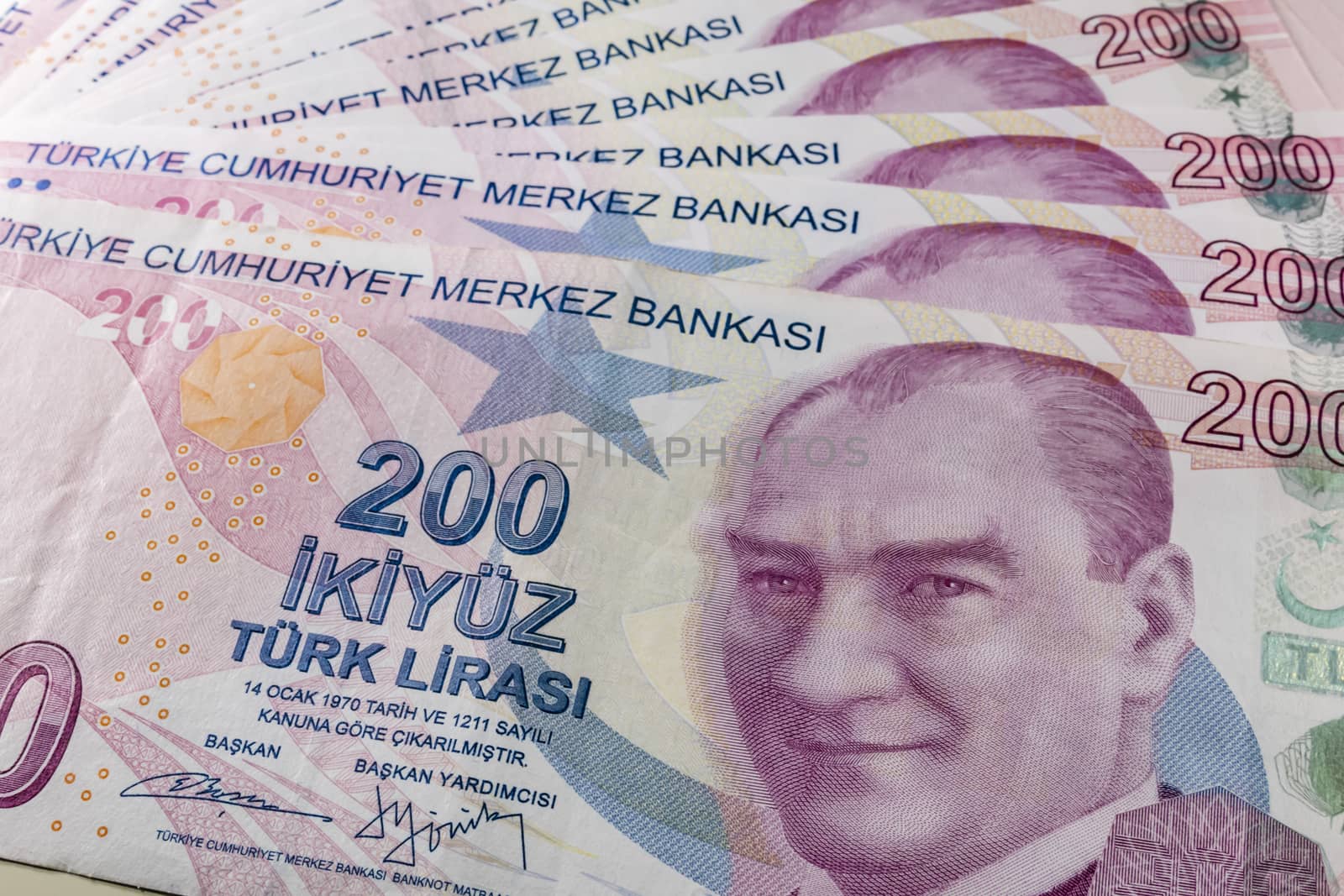 close up turkish lira banknotes on background