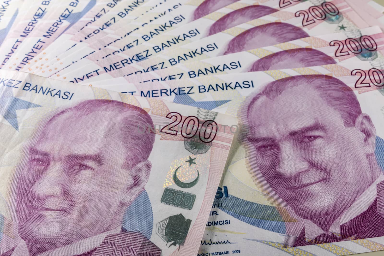 close up turkish lira banknotes on background