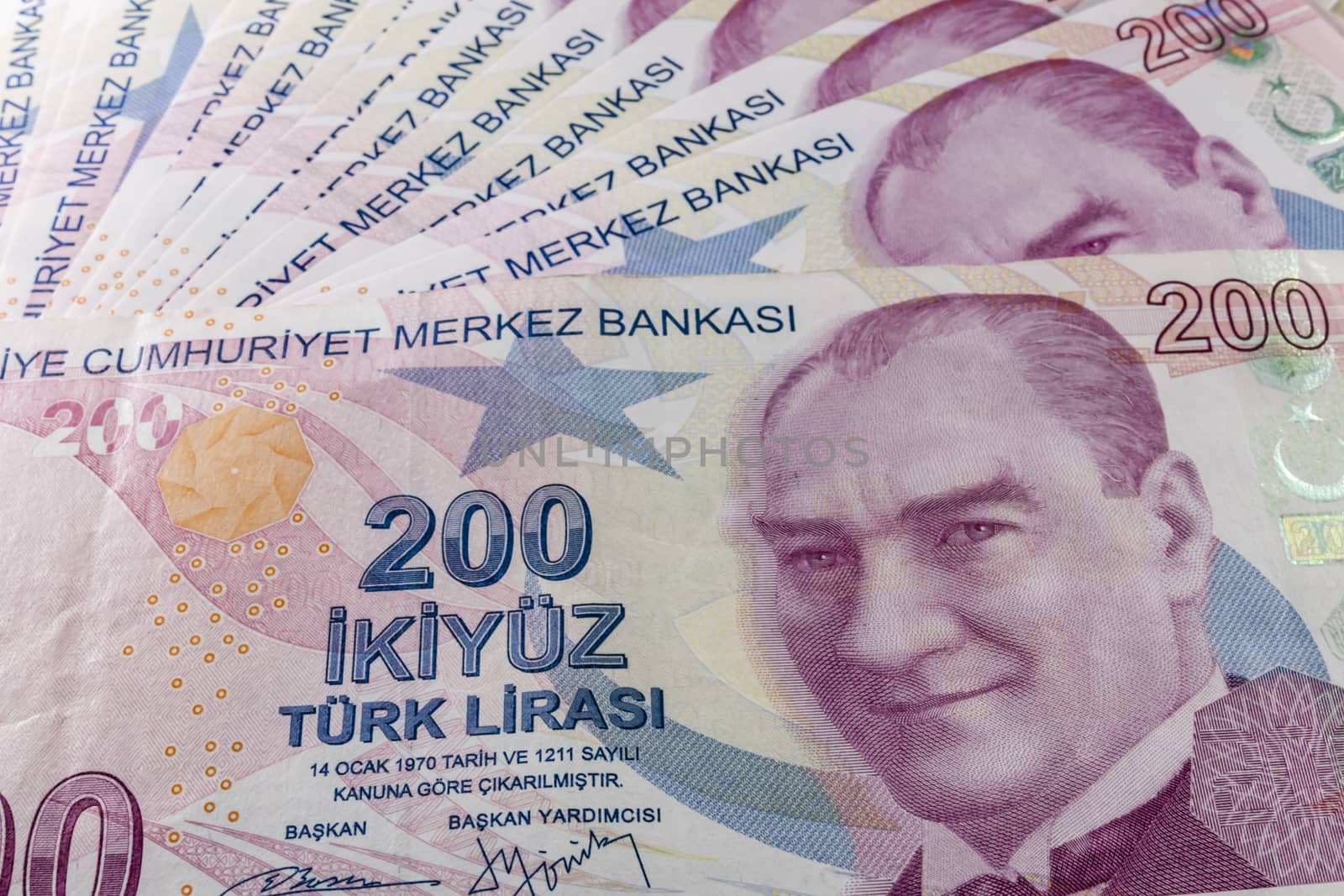 close up turkish lira banknotes on background