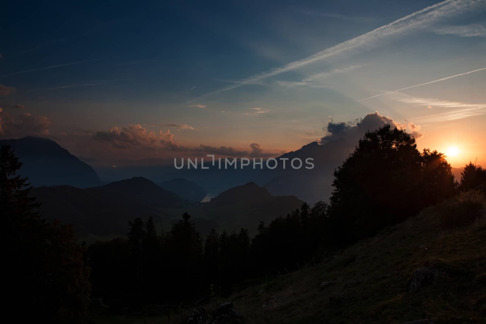 Sunset in the mountains near Luzernt. Mount Buergenstock. dark twilight