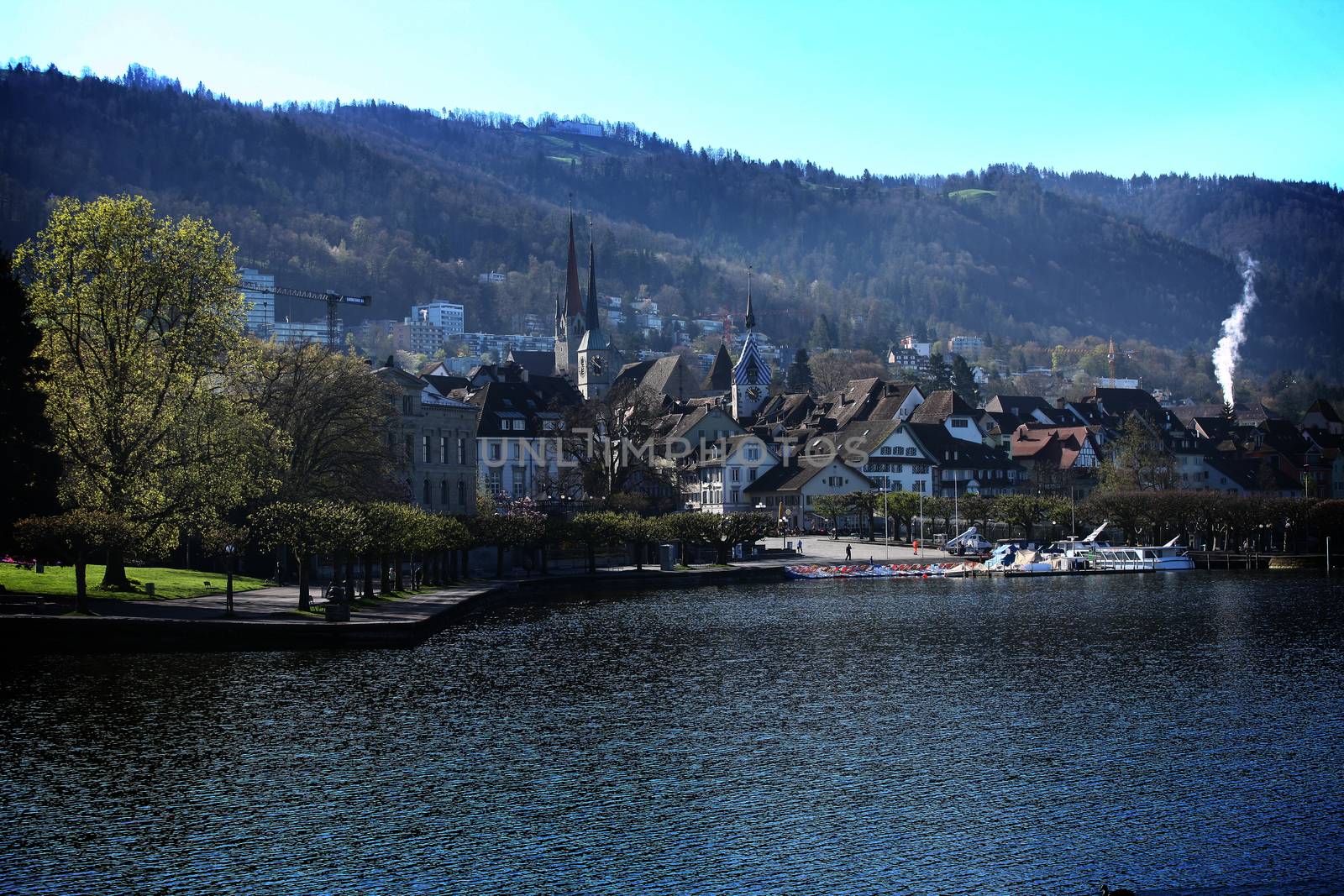 pictures of the city of Zug, Switzerland. Lake and mountains