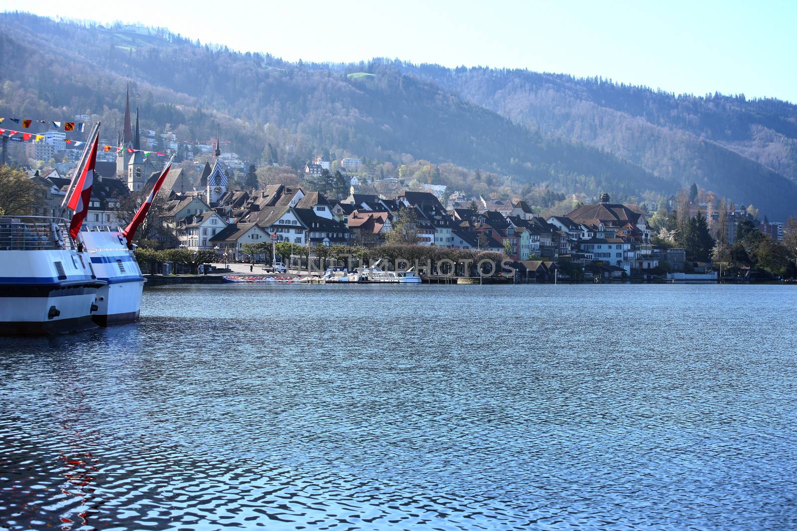 pictures of the city of Zug, Switzerland. Lake and mountains