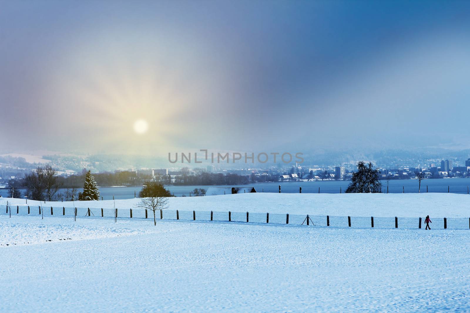 Winter landscape early morning after a light snowfall in Zug, by PeterHofstetter