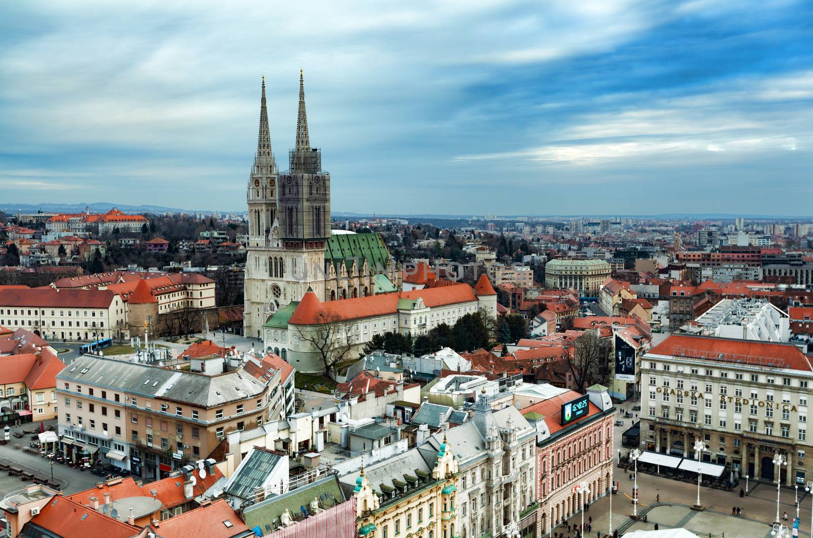 Zagreb, Croatia - 24 February 2019: Zagreb red rooftops and Cathedral