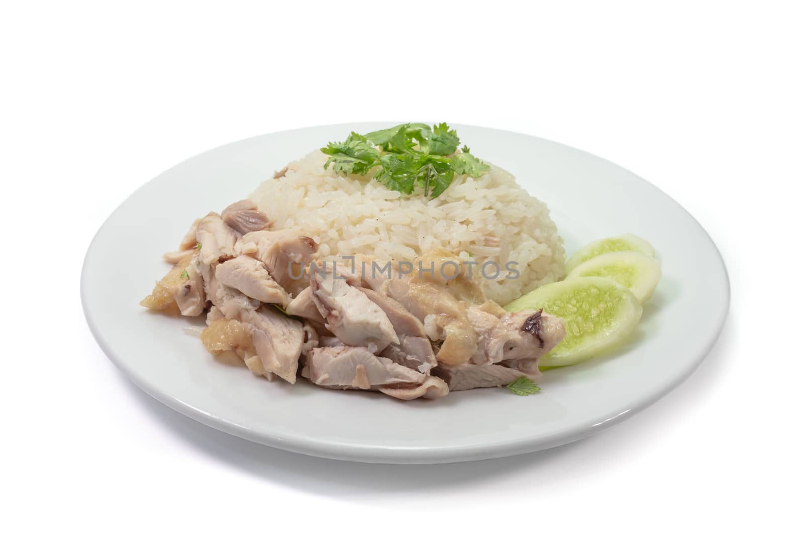 The close up of Thai chicken rice food on white plate on white background.