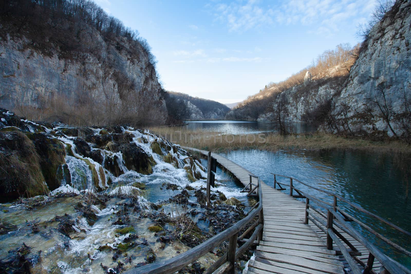 Plitvice Lakes National Park in winter, path in Lower lakes canyon