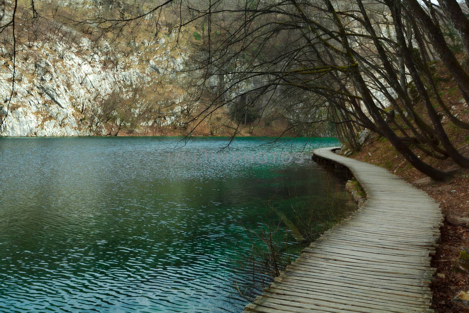 Plitvice Lakes National Park in winter, path in Lower lakes canyon