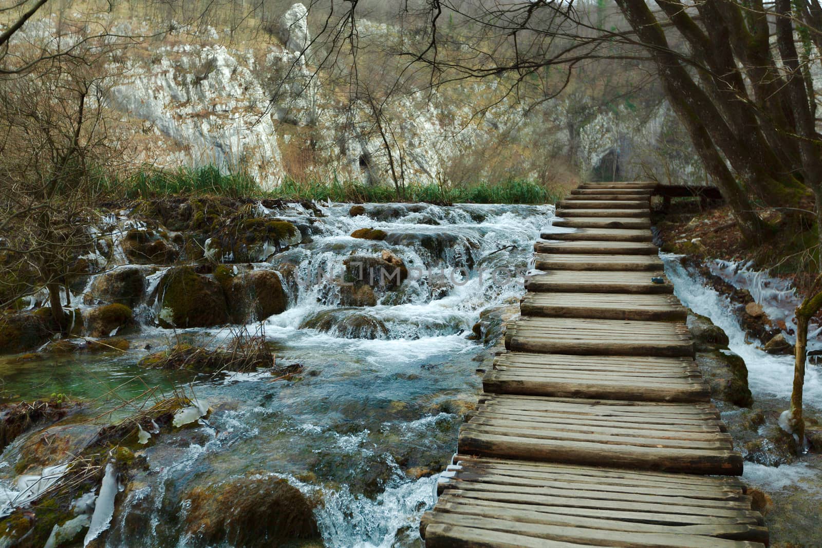 Plitvice Lakes National Park in winter, stairs