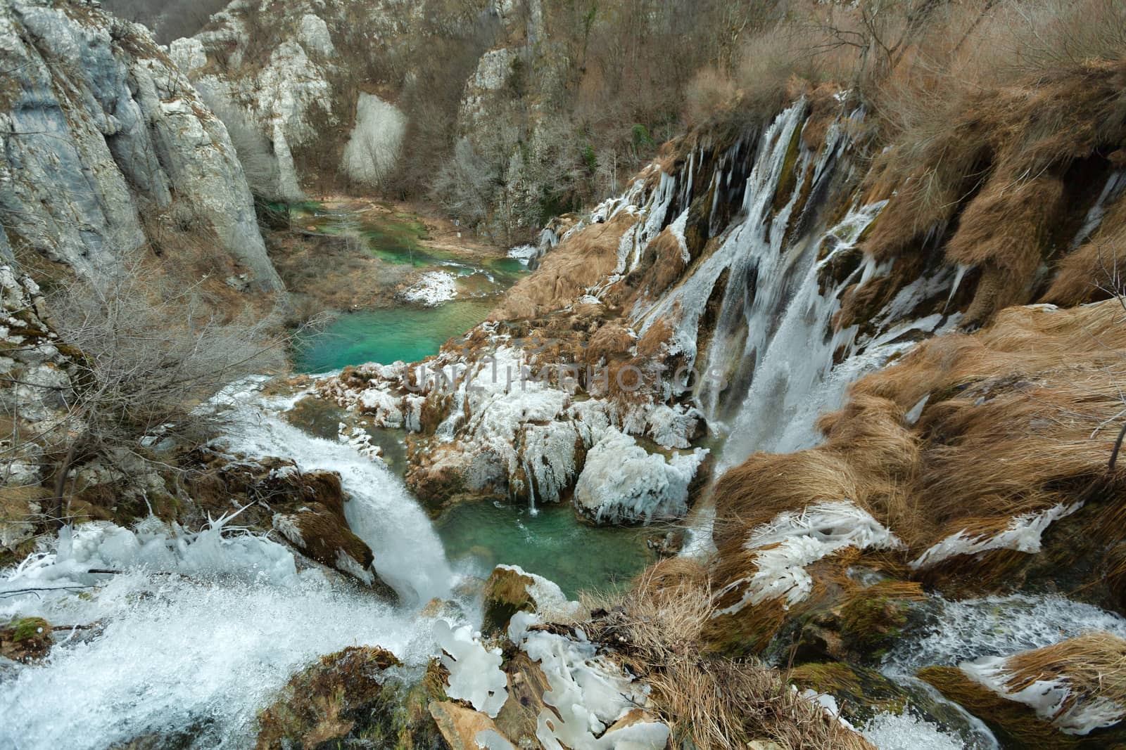 Plitvice Lakes National Park in winter, panoramic view