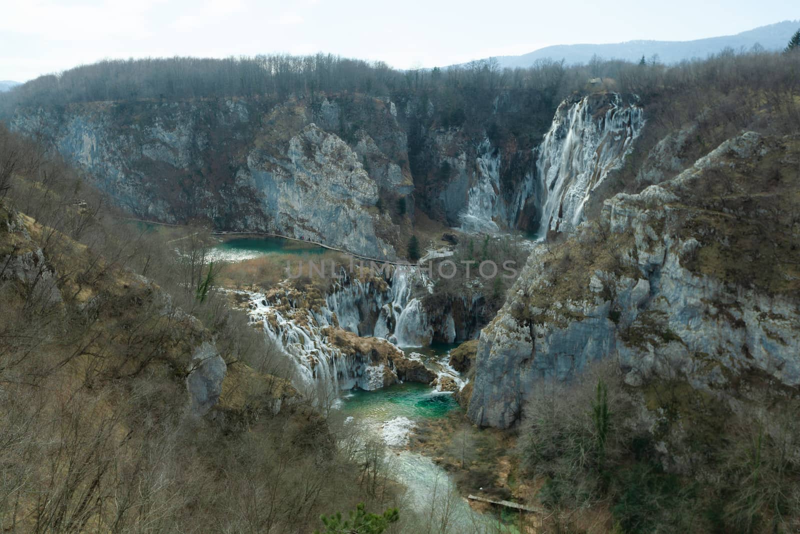 Plitvice Lakes National Park in winter, panoramic view