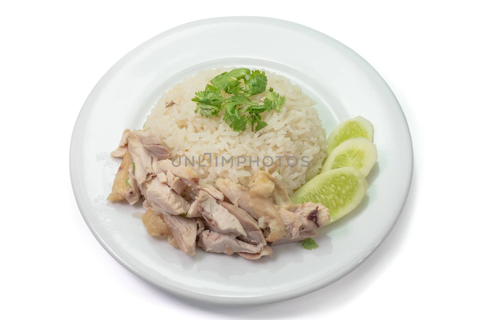 The close up of Thai chicken rice food on white plate on white background.