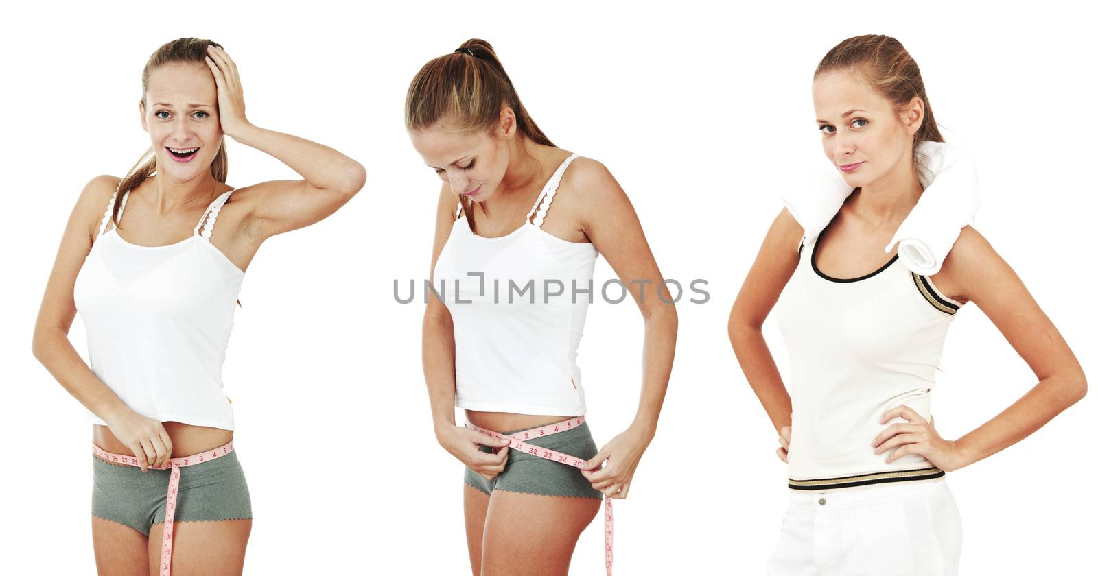 Waist measurement concept, sporty woman with measure tape, weight loss dieting, isolated on white background