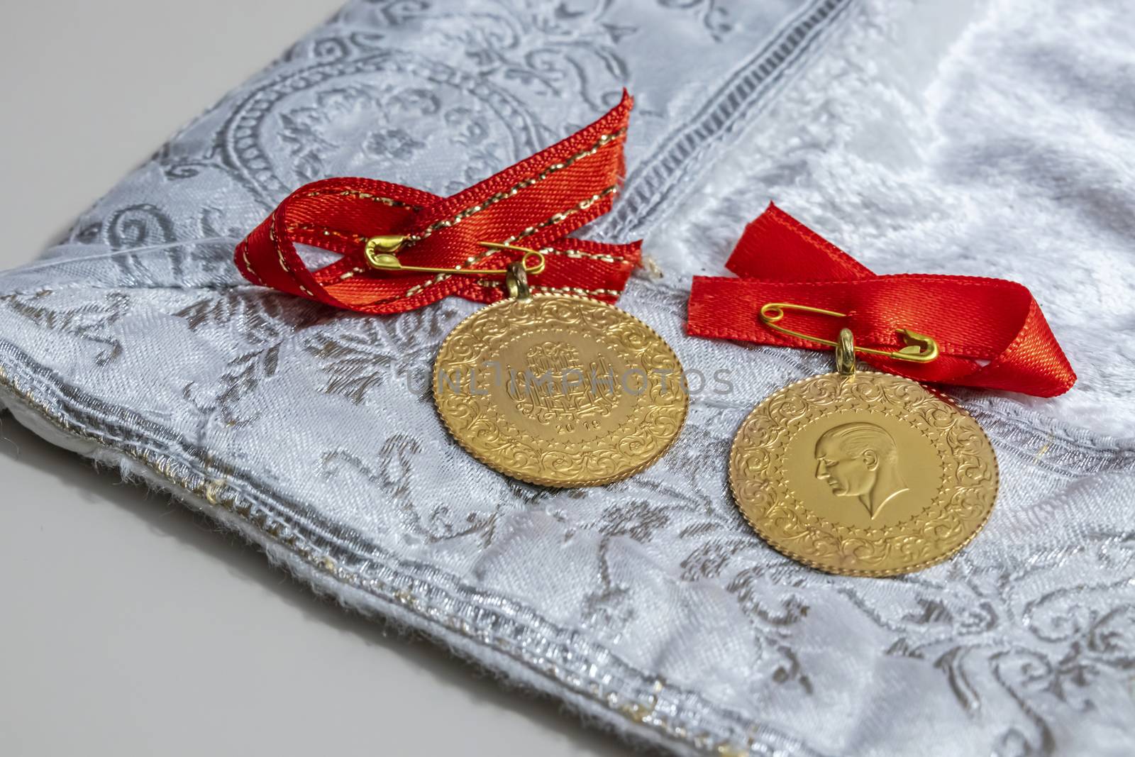 close up traditional turkish gold coins on background