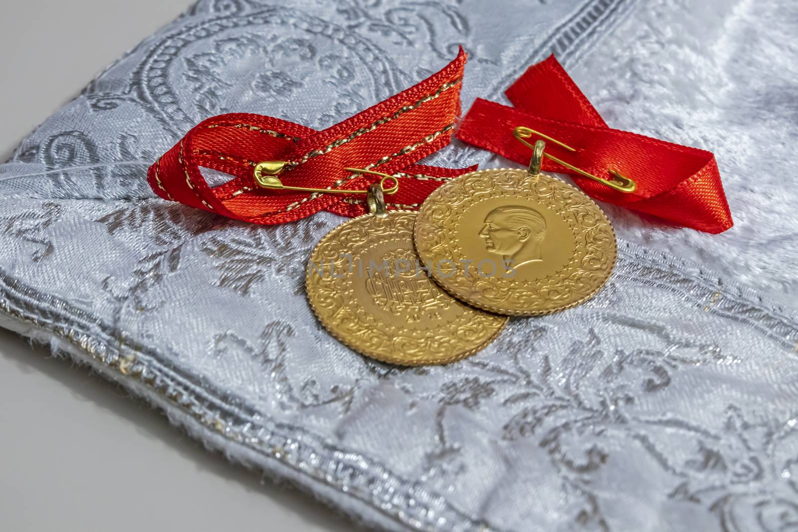 close up traditional turkish gold coins on background