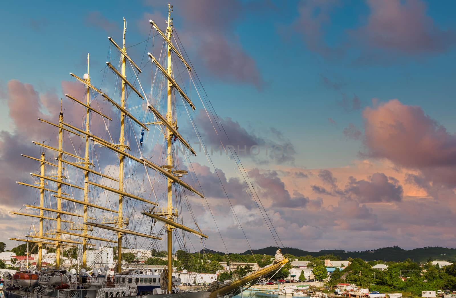 Upper Decks and Masts on a Five Masted Clipper at Dusk by dbvirago