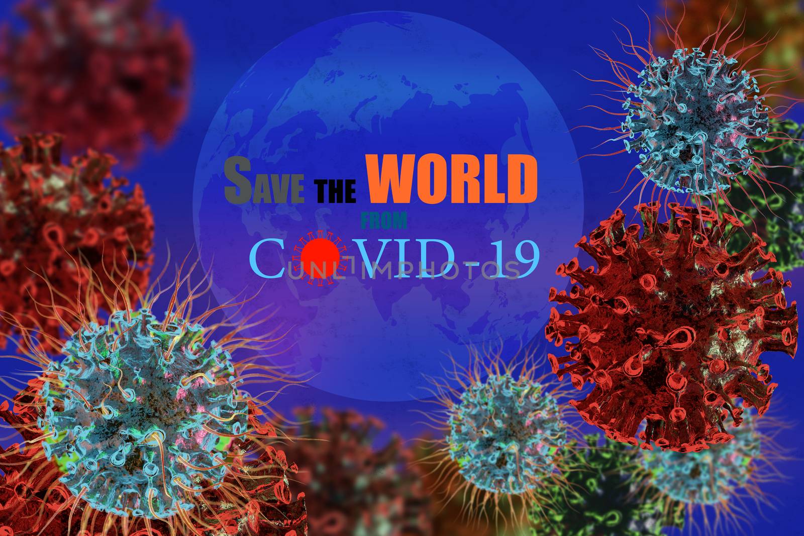 Illustration of corona viruses, with text, save the world from covid-19 on the earth, contagion and propagation of a disease. 3D illustration.