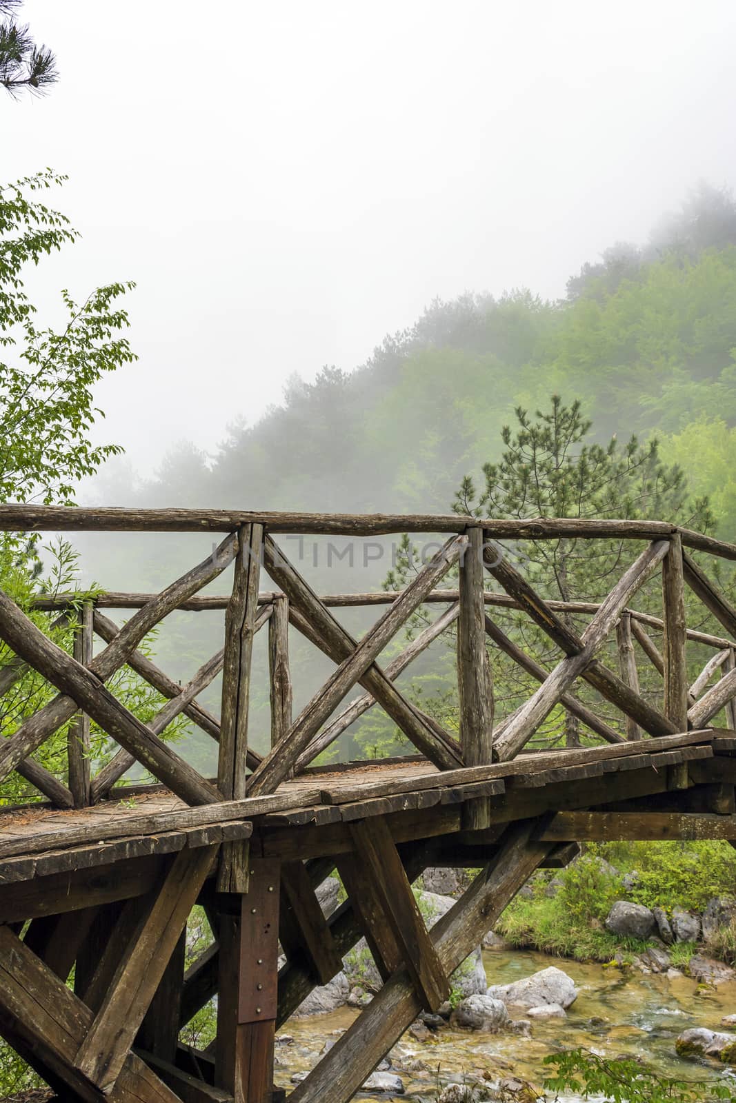 Wooden bridge over a river in the mountains of Olympus at Greece