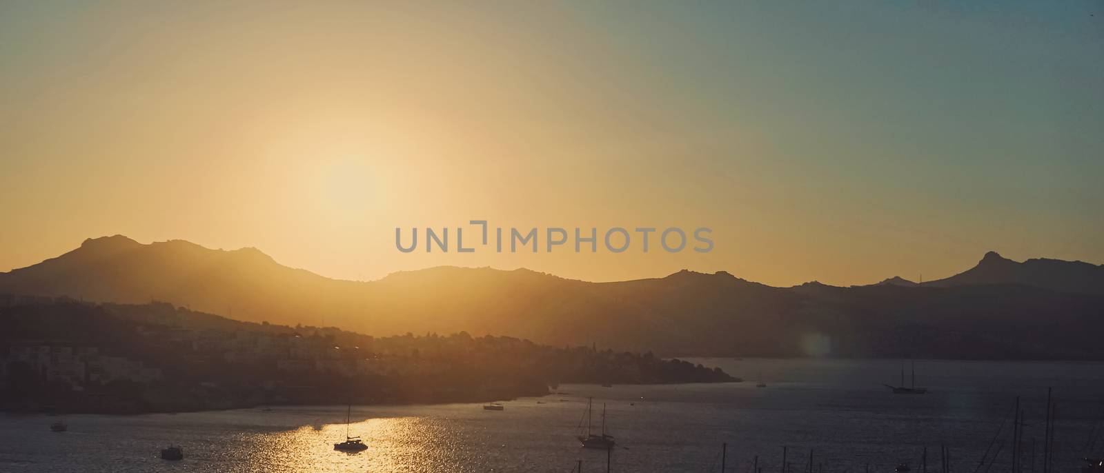Sea view and mountains in the Mediterranean at sunset, summer va by Anneleven
