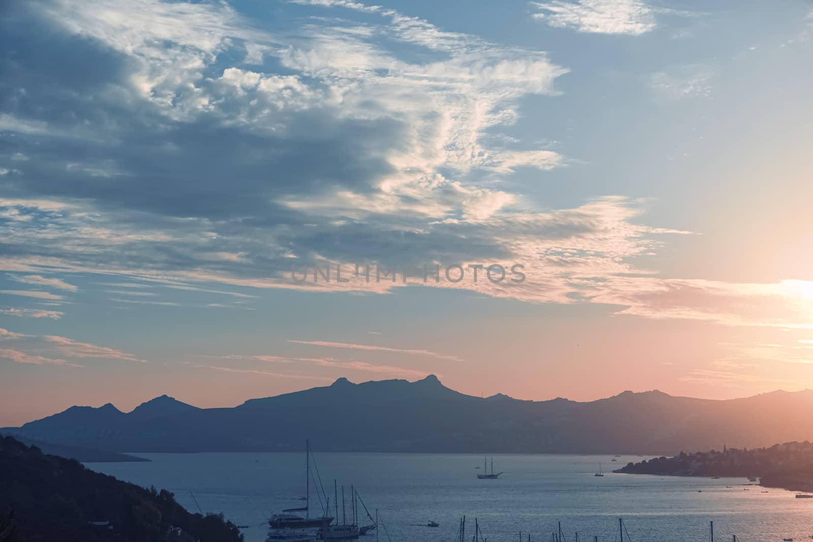 Sea view and mountains in the Mediterranean at sunset, summer va by Anneleven