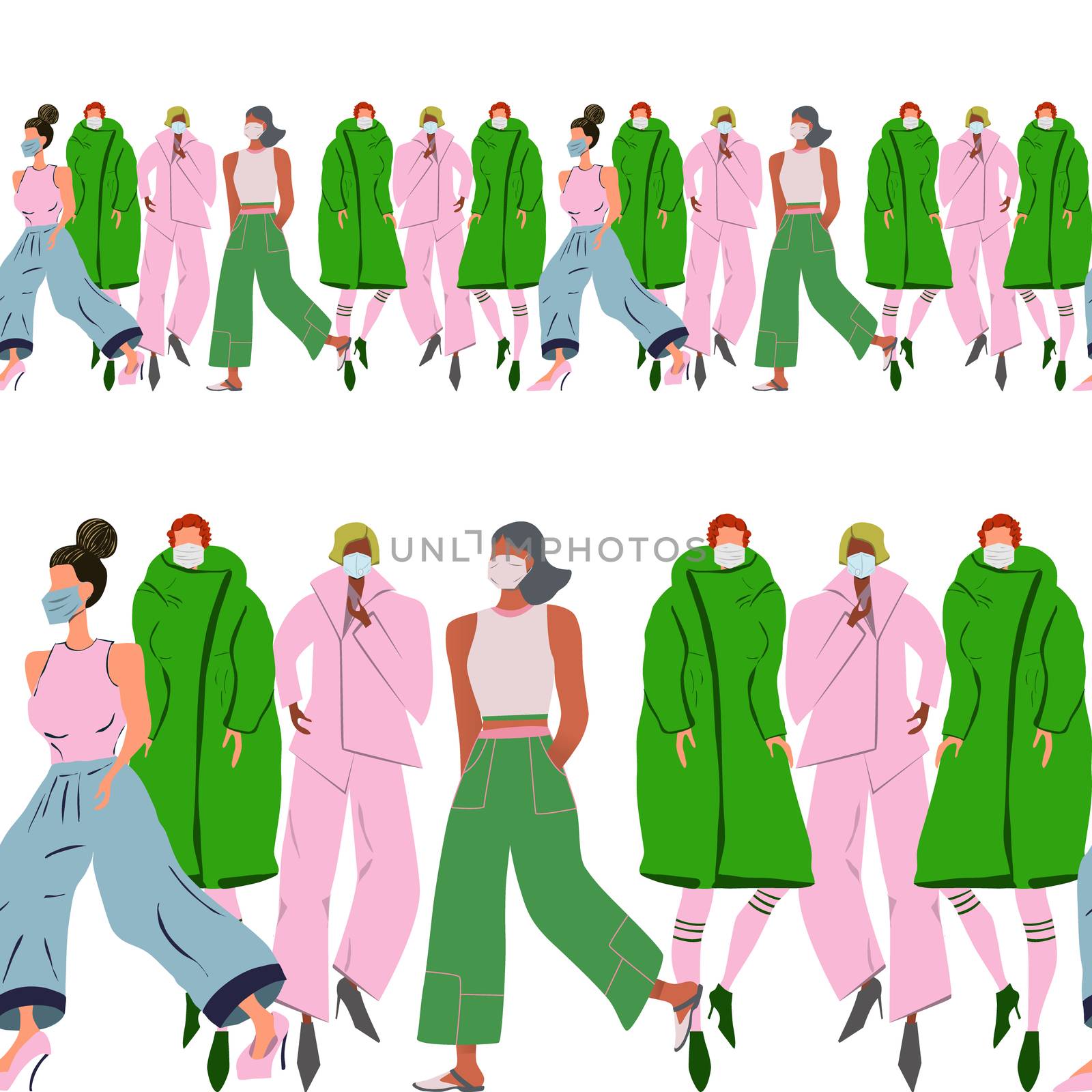 Green and pink endless border with women wearing protective face mask. Latest trend news, fashion bloggers post. Flat cartoon illustration with copyspace on white background. Vector illustration.