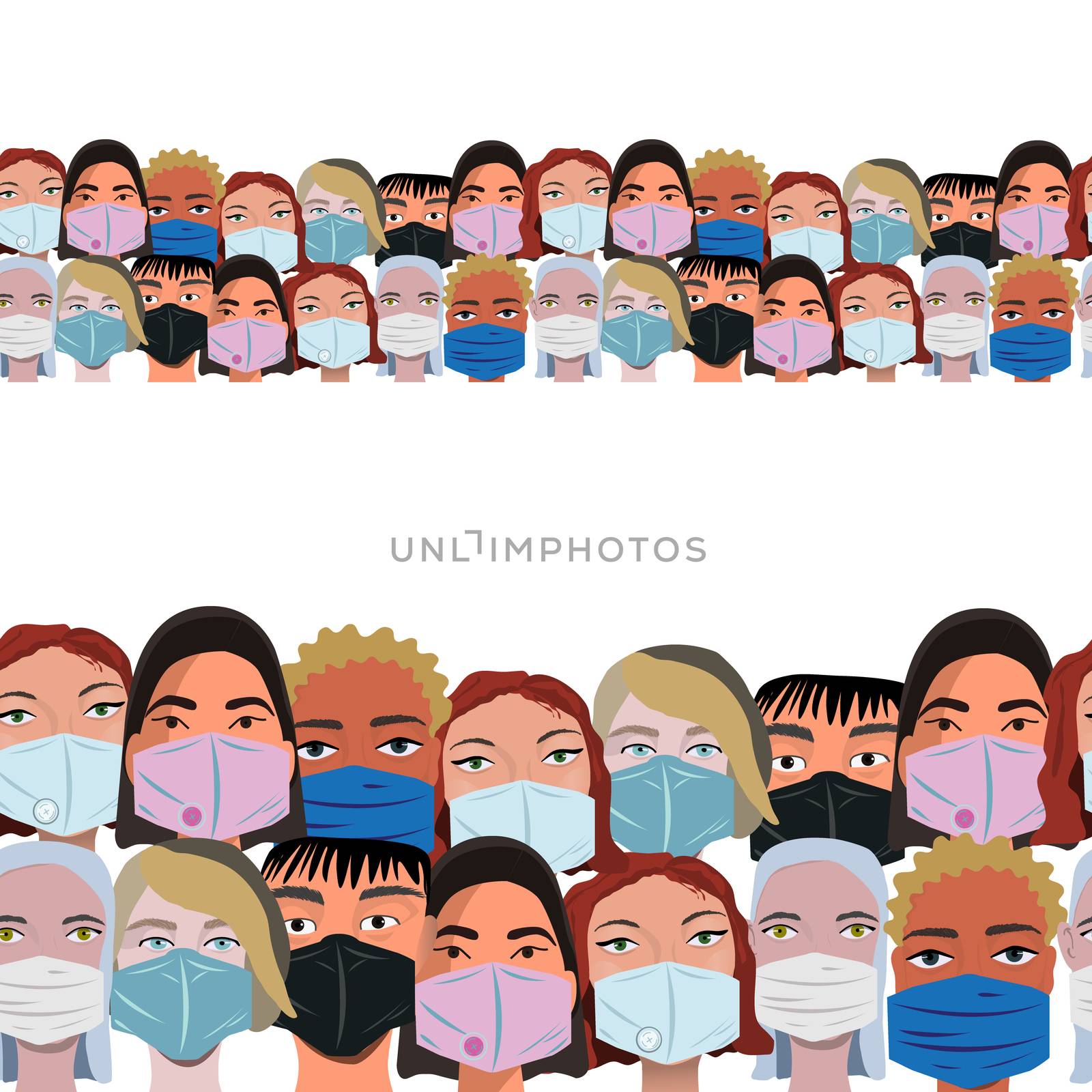 Seamless border with multinational crowd faces wearing protective mask. Latest trend news, fashion bloggers post. Flat cartoon illustration with copyspace on white background. Vector illustration.