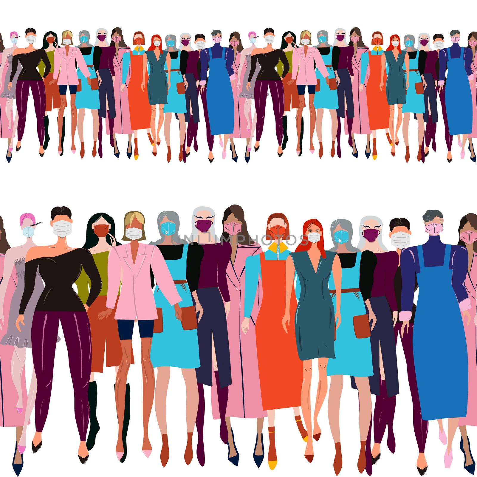 Endless border with multinational crowd wearing protective face mask. Latest trend news, fashion bloggers post. Flat cartoon illustration with copyspace on white background. Vector illustration.