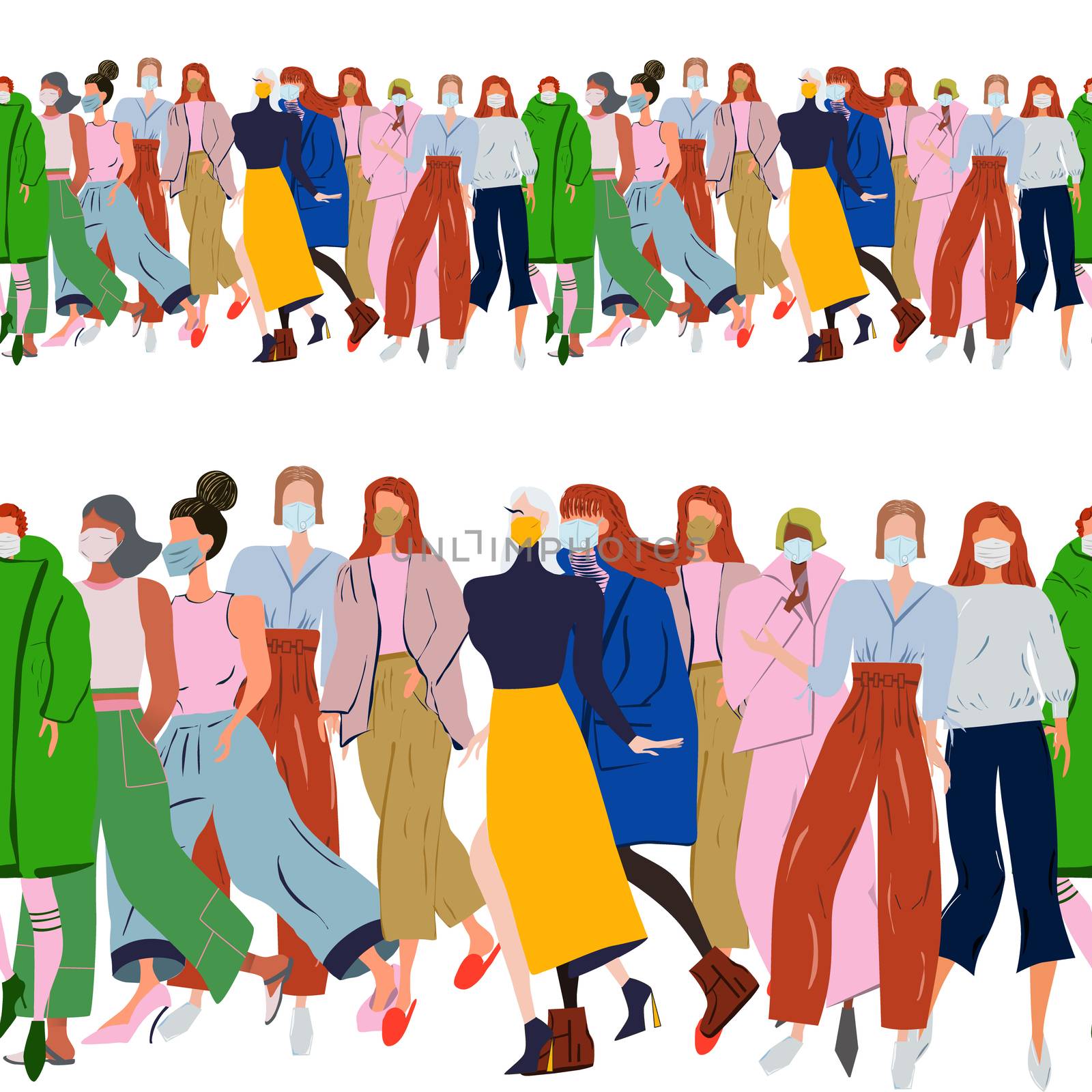 Seamless border with fashion women wearing protective face mask. Latest trend news, fashion bloggers post. Flat cartoon illustration with copyspace on white background. Vector illustration.