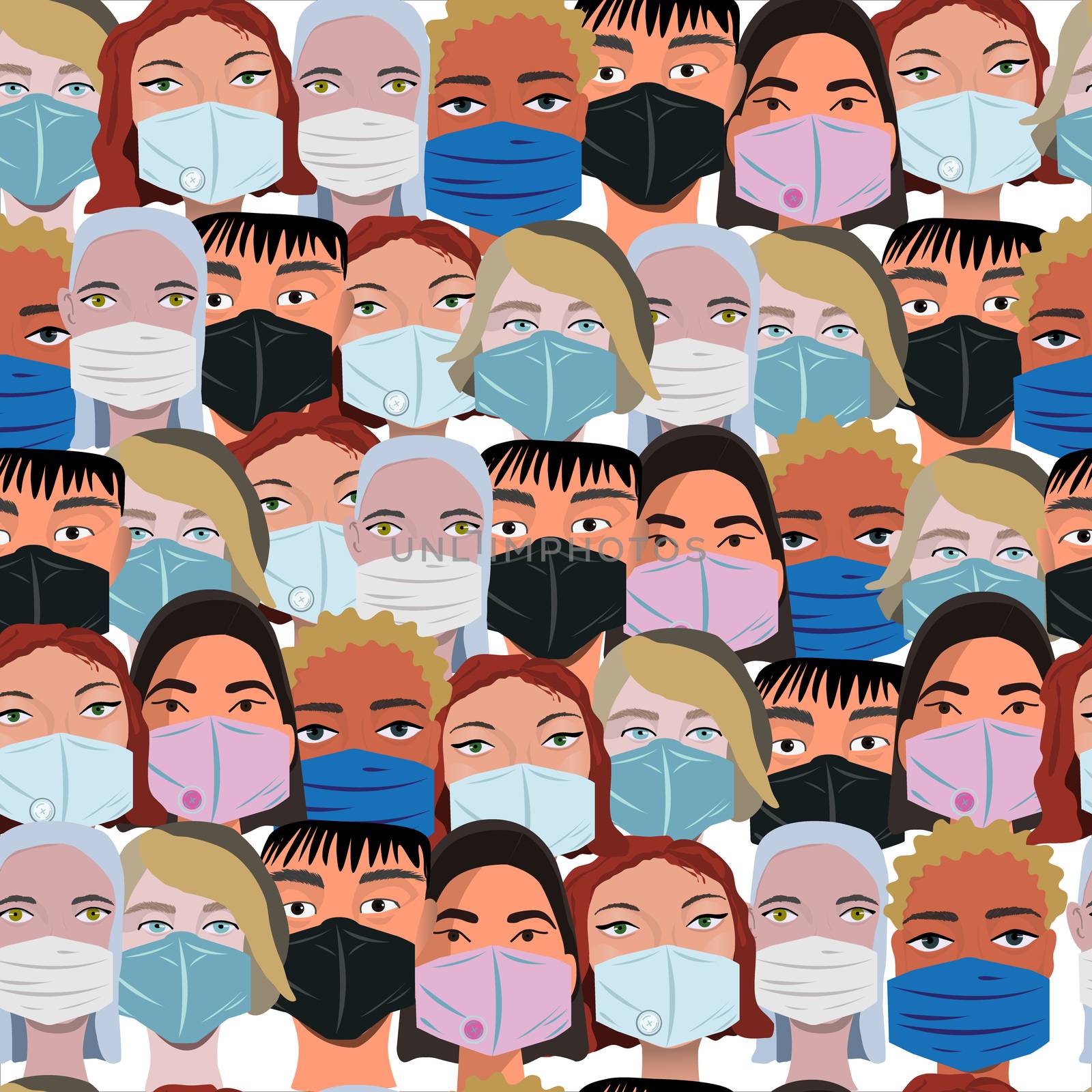 Multinational crowd wearing protective face mask seamless pattern. Latest trend news, fashion bloggers post. Flat cartoon illustration with copyspace on white background. Vector illustration.