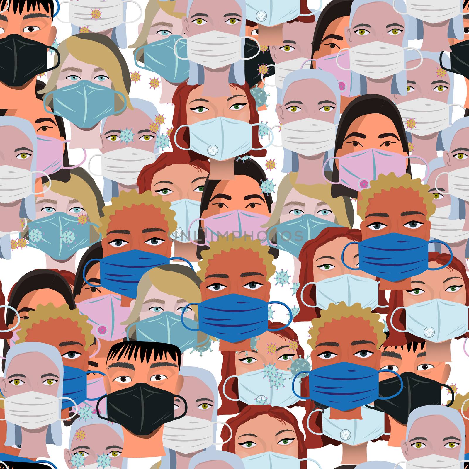 Endless pattern with multinationality faces wearing protective face mask. Latest trend news, fashion bloggers post. Flat cartoon illustration with copyspace on white background. Vector illustration.