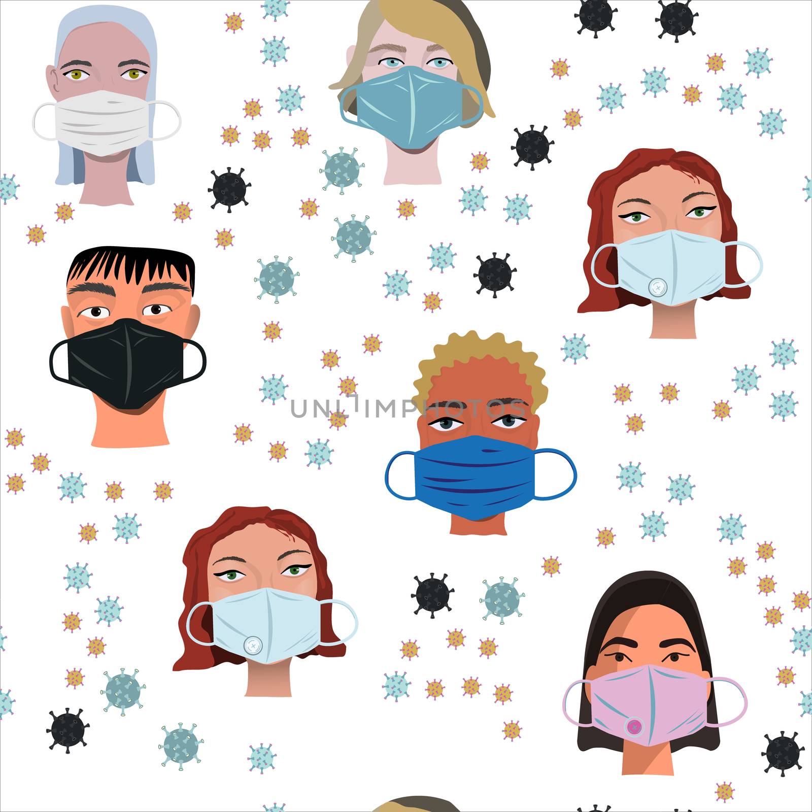 Repeat pattern with multunationality faces wearing protective face mask. Latest trend news, fashion bloggers post. Flat cartoon illustration with copyspace on white background. Vector illustration.