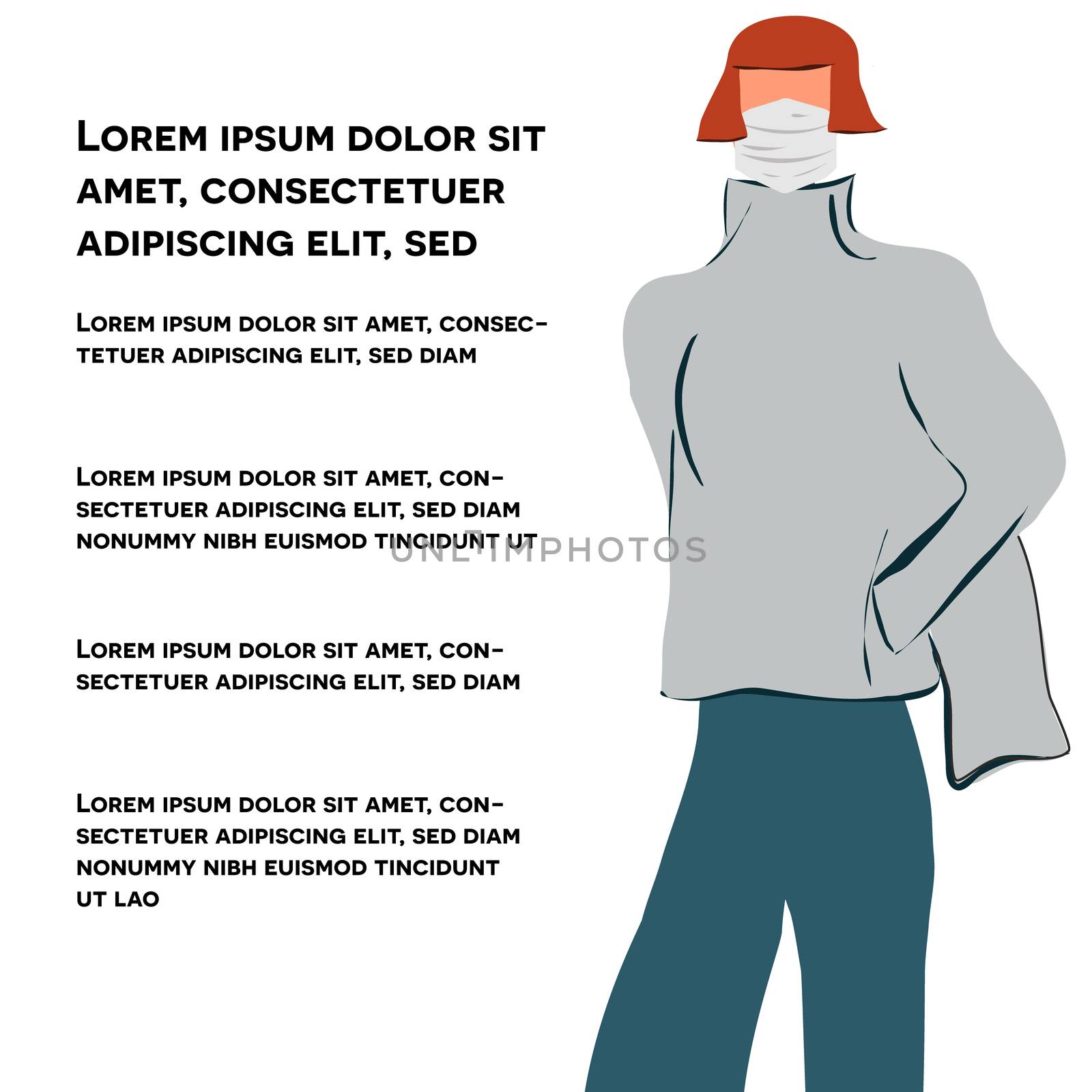 Girl in grey jumper and matching colour protective face mask. Latest trend news, fashion bloggers post. Flat cartoon illustration with copyspace on white background. Vector illustration.