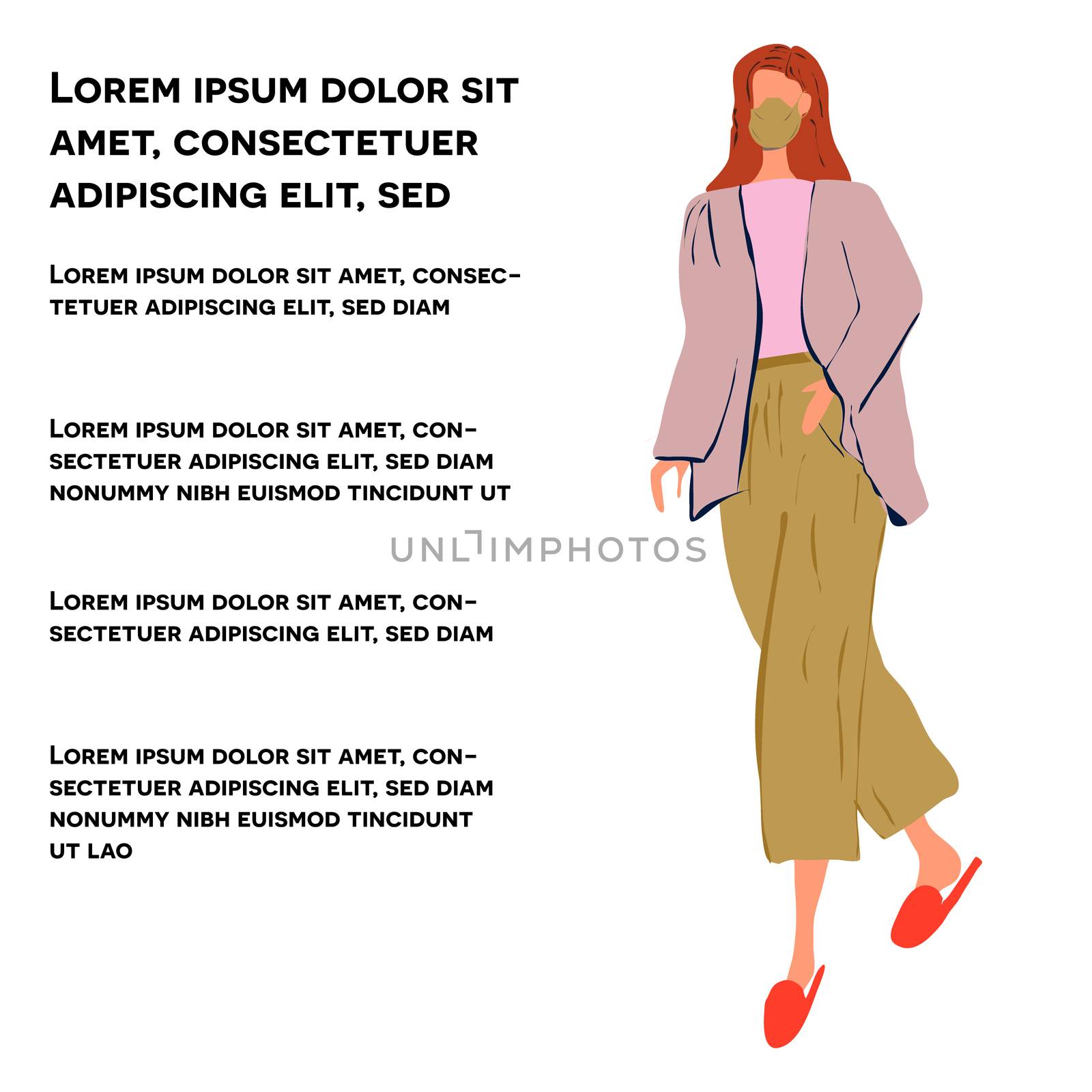 Walking girl in culottes and matching top protective face mask. Latest trend news, fashion bloggers post. Flat cartoon illustration with copyspace on white background. Vector illustration.