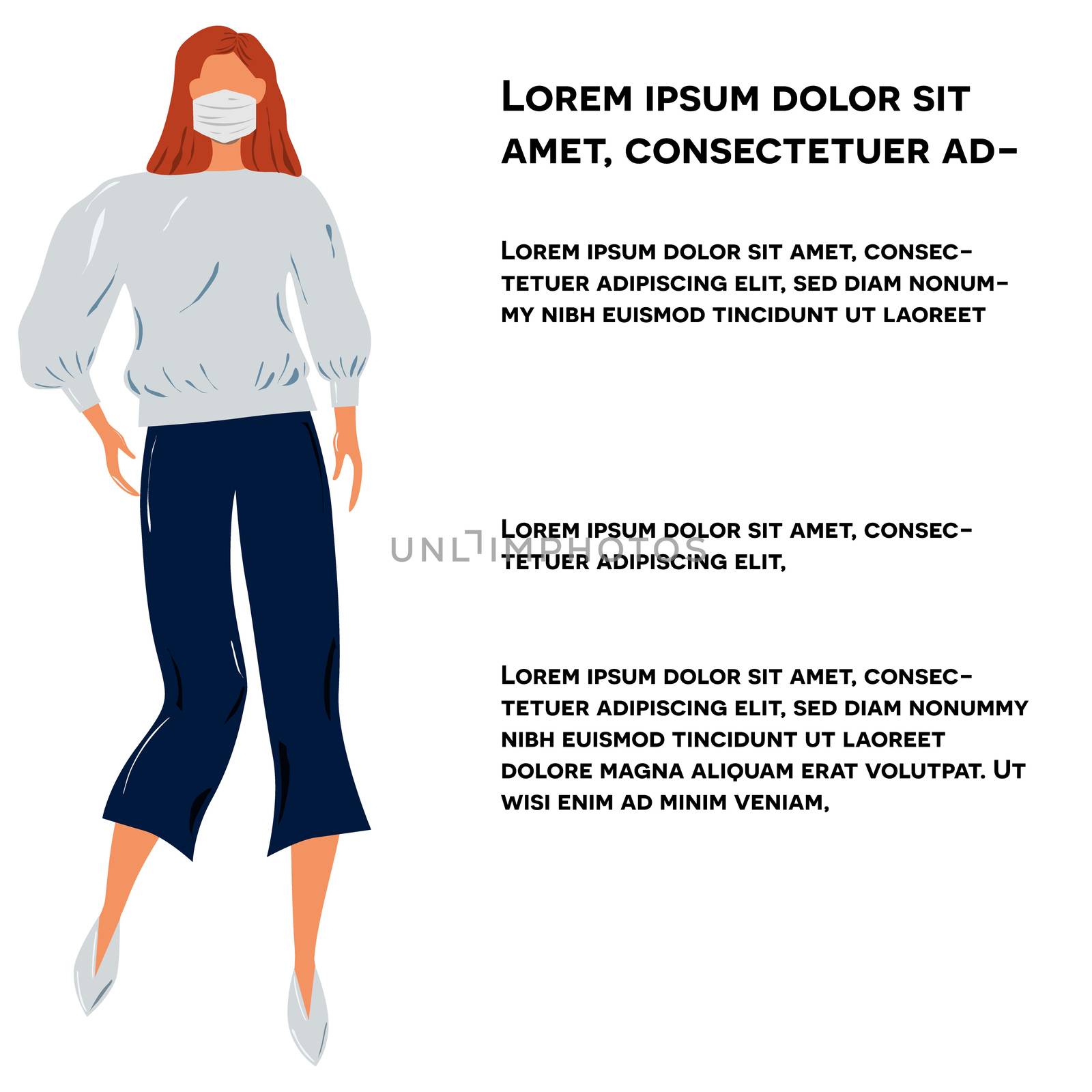 Girl in culottes and matching top protective face mask. Latest trend news, fashion bloggers post. Flat cartoon illustration with copyspace on white background. Vector illustration.