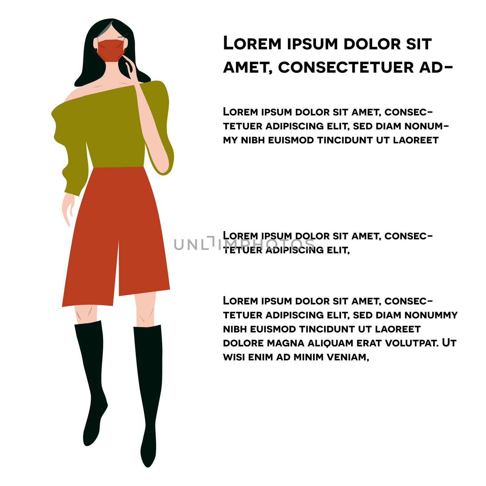 Girl in leather skirt and matching colour protective mask. Latest trend news, fashion bloggers post. Flat cartoon illustration with copyspace on white background. Vector illustration.