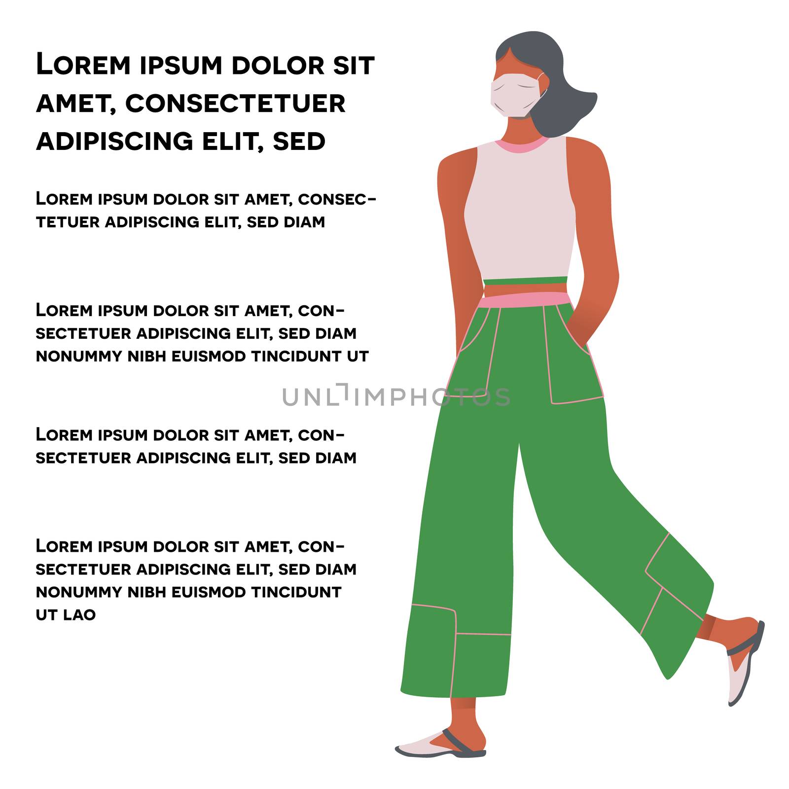 Girl in green trousers and white protective mask. Latest trend news, fashion bloggers post. Flat cartoon illustration with copyspace on white background. Vector illustration.