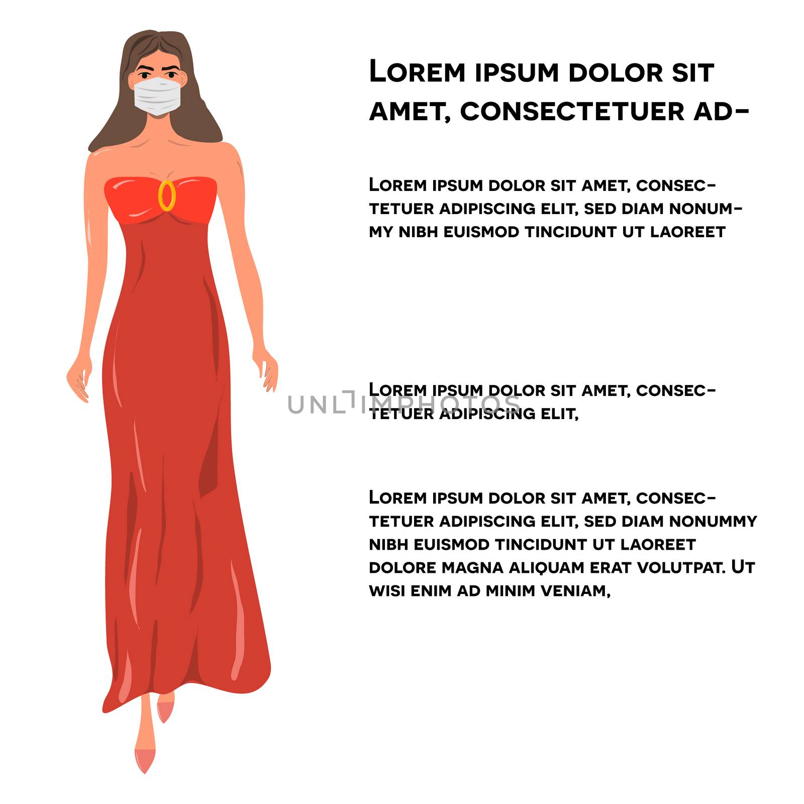 Girl in evening long dress and white protective mask. Latest trend news, fashion bloggers post. Flat cartoon illustration with copyspace on white background. Vector illustration.