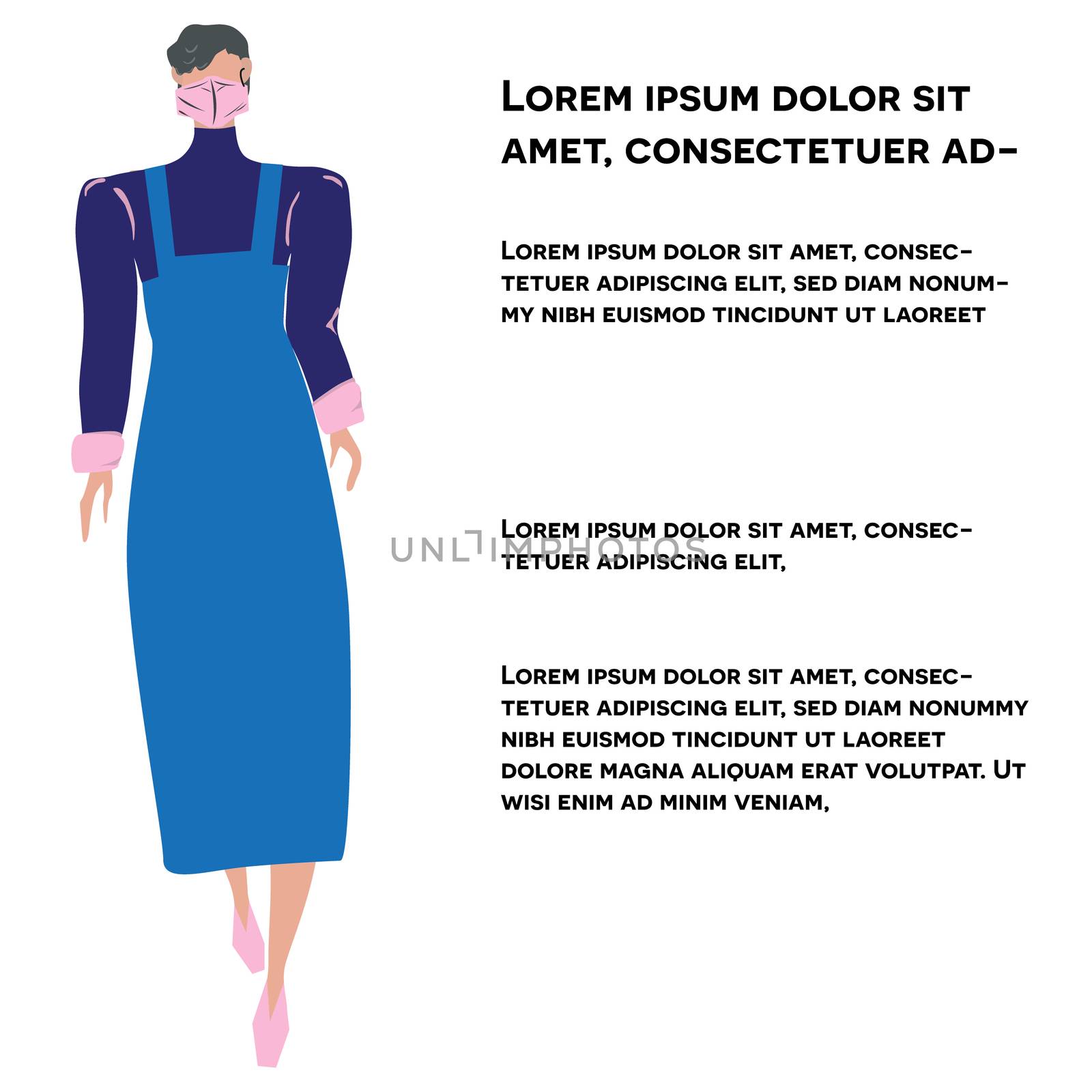 Girl in blue midi dress and matching top protective mask. Latest trend news, fashion bloggers post. Flat cartoon illustration with copyspace on white background. Vector illustration.