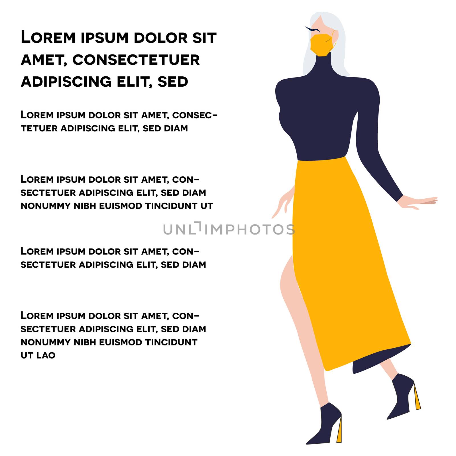 Girl in yellow skirt and yellow protective mask. Latest trend news, fashion bloggers post. Flat cartoon illustration with copyspace on white background. Vector illustration.