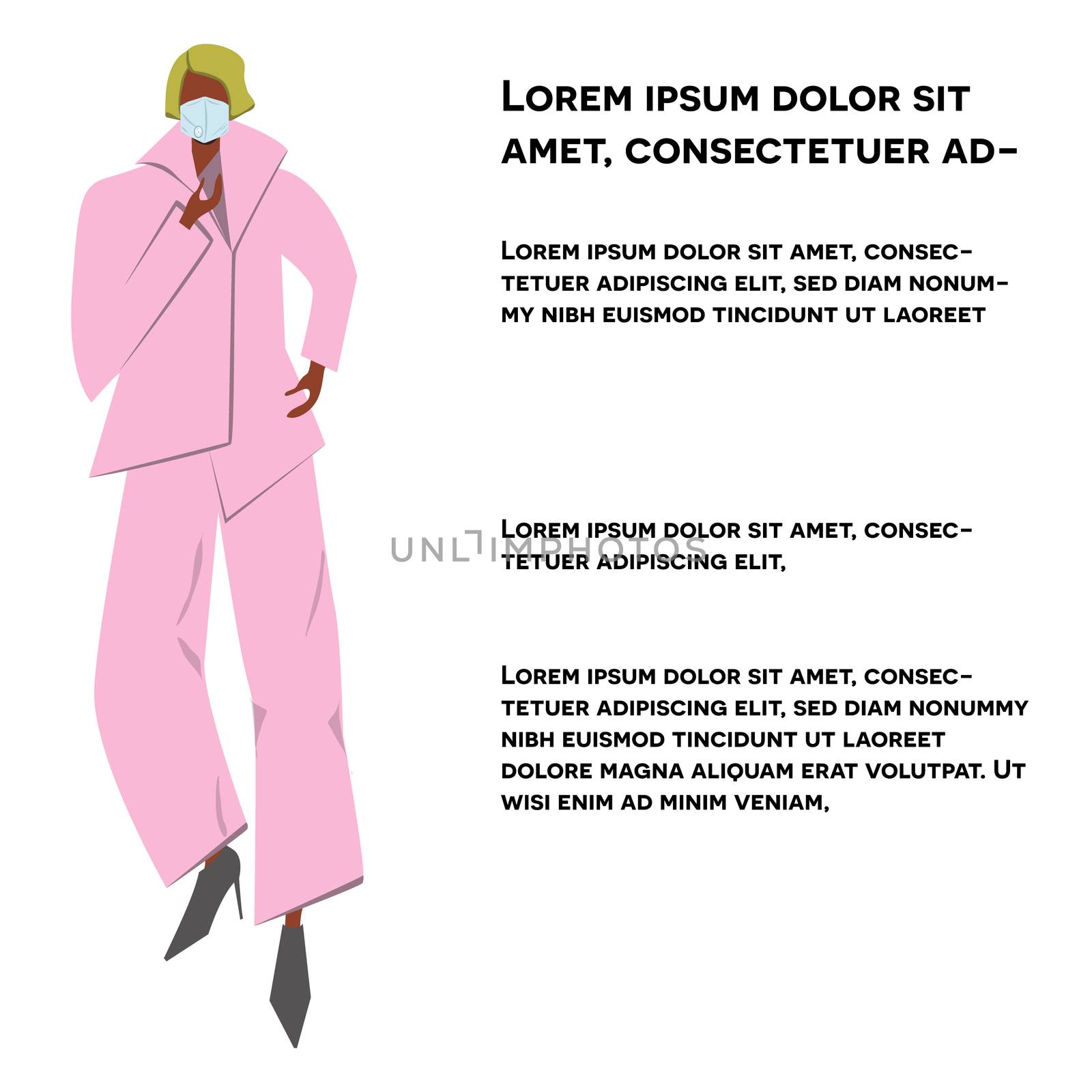 Girl in pink suit and pink protective mask. Latest trend news, fashion bloggers post. Flat cartoon illustration with copyspace on white background. Vector illustration.