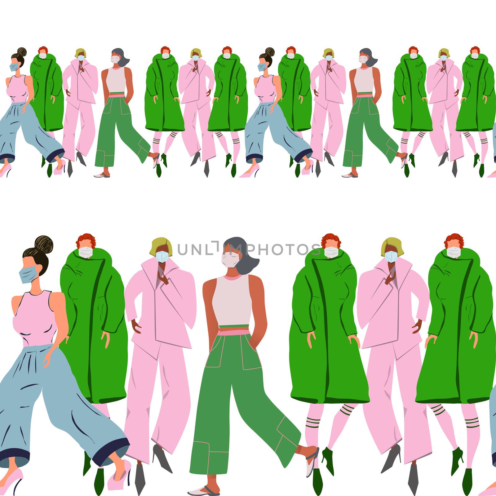 Green and pink endless border with women wearing protective face mask. by Nata_Prando