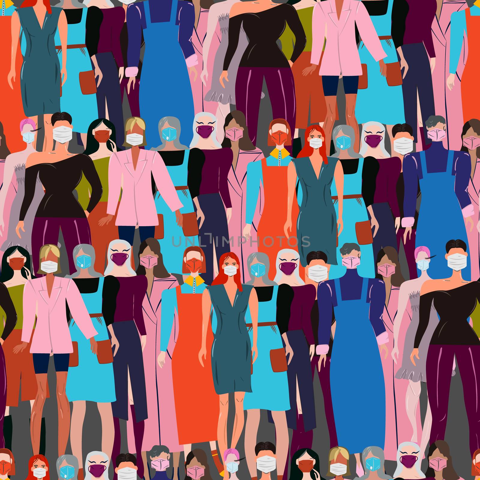 Endless pattern with multinational crowd wearing protective face mask. Latest trend news, fashion bloggers post. Flat cartoon illustration with copyspace on white background. Vector illustration.