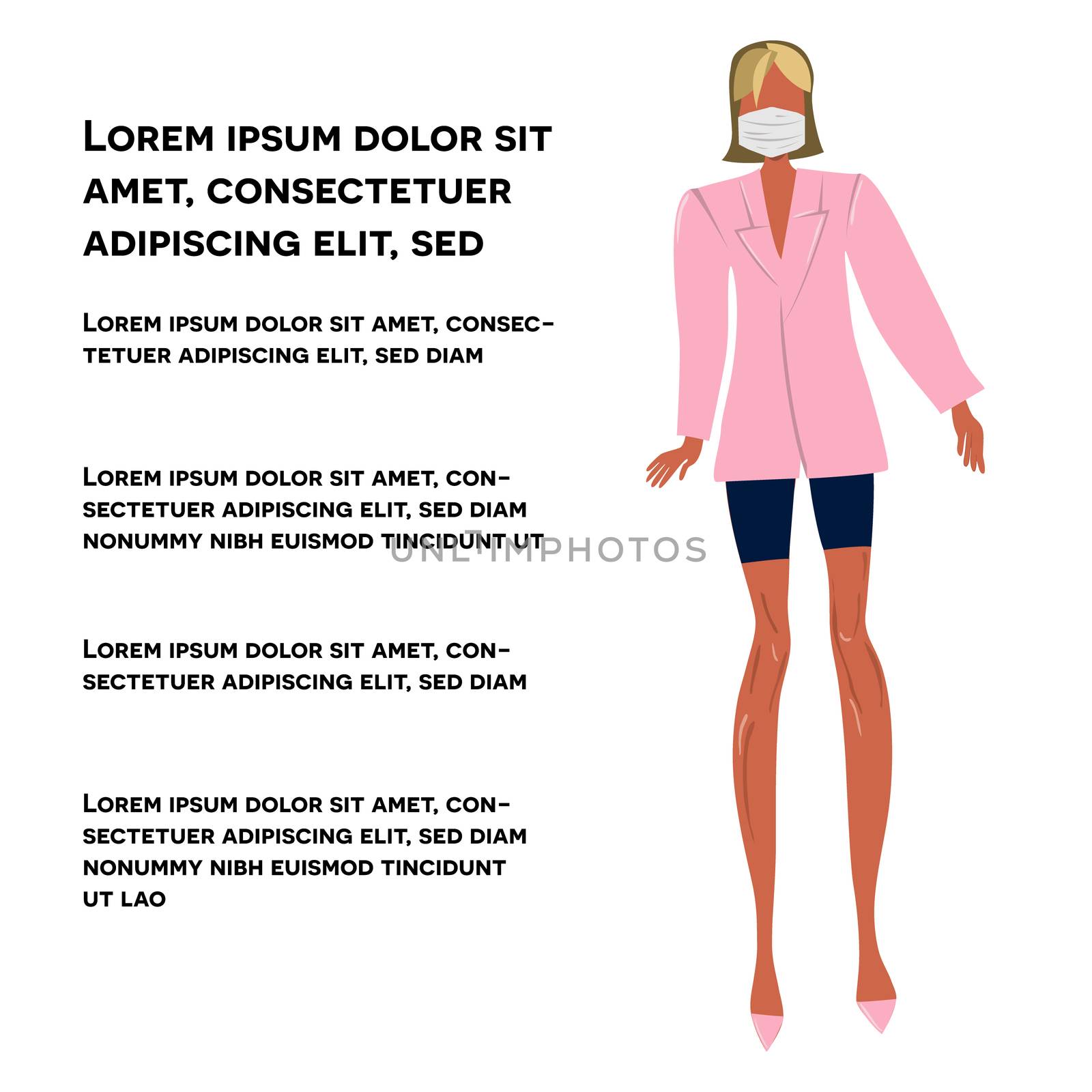 Girl in pink blazer and matching colour protective face mask. Latest trend news, fashion bloggers post. Flat cartoon illustration with copyspace on white background. Vector illustration.
