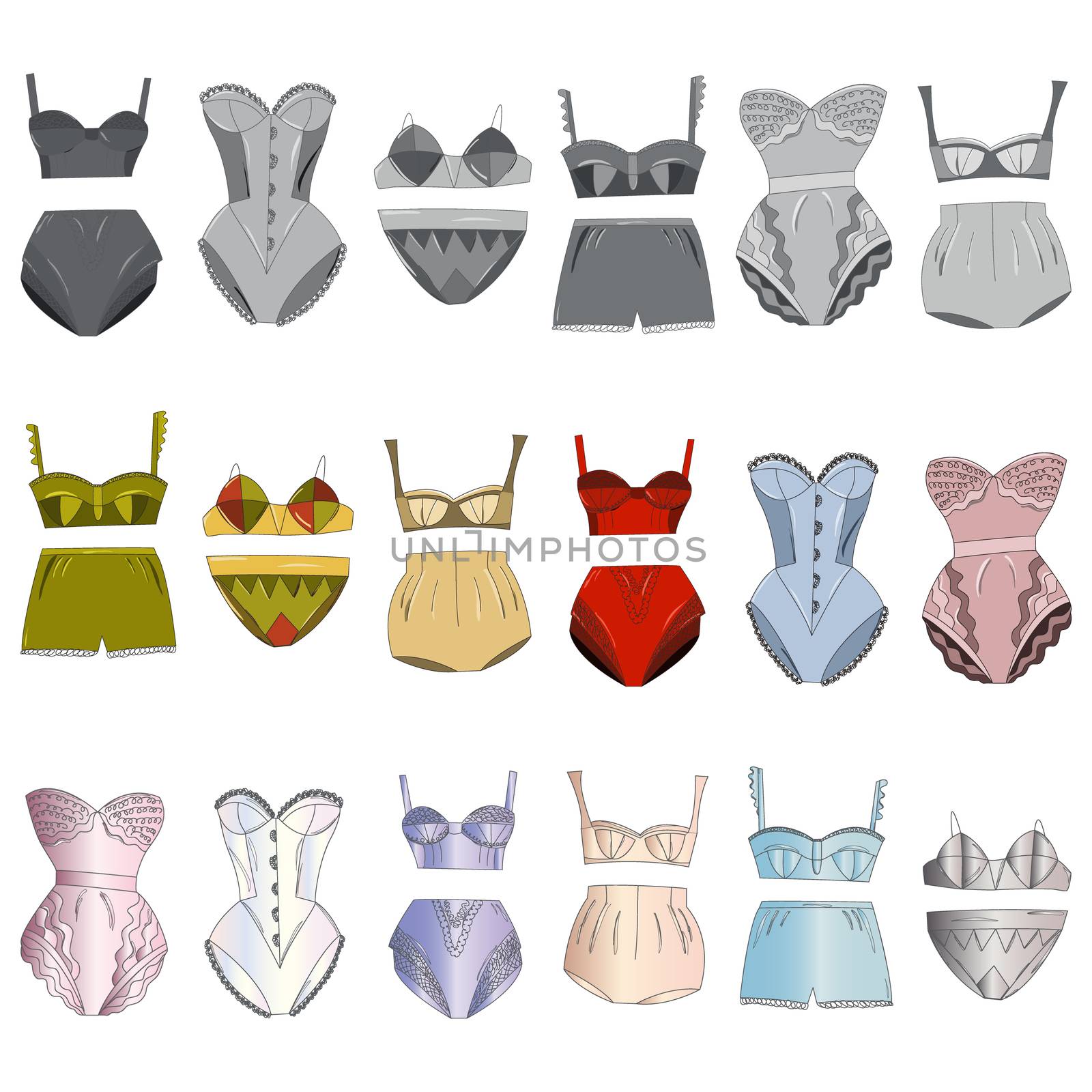 Line art female lingerie collection. Lace and silk underwear set , panties, bras, knickers isolated on white background. Vector illustration.