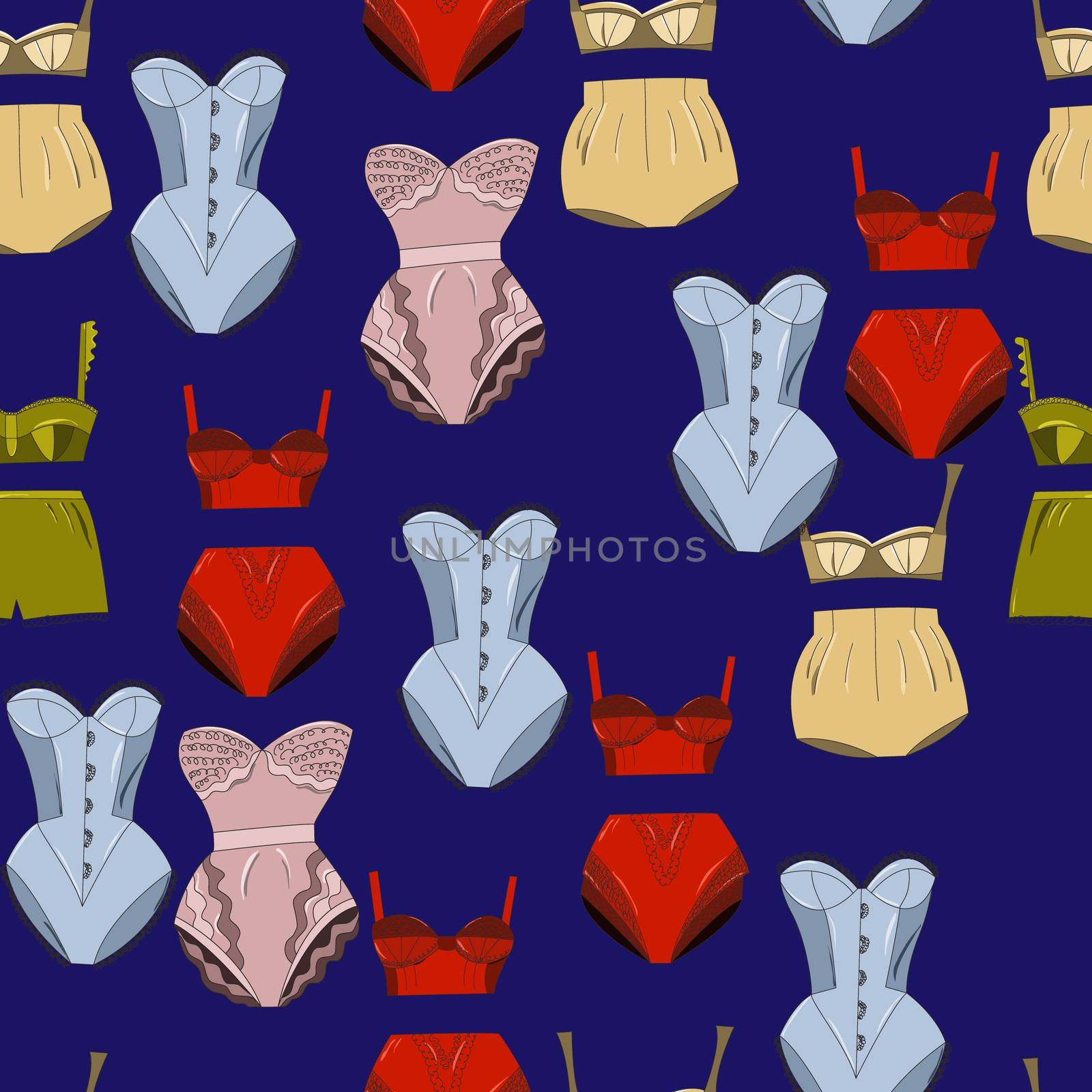 Seamless pattern with lingerie collection on blue. Lace underwear set , panties, bras, knickeers. Vector illustration.