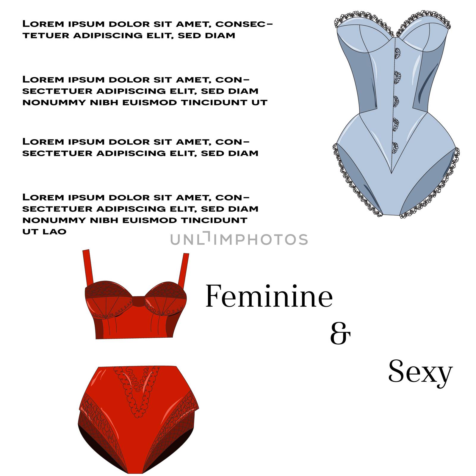 Female lingerie corset red vs blue collection. Lace underwear set with text , panties, bras, knickeers isolated on white background. Vector illustration.