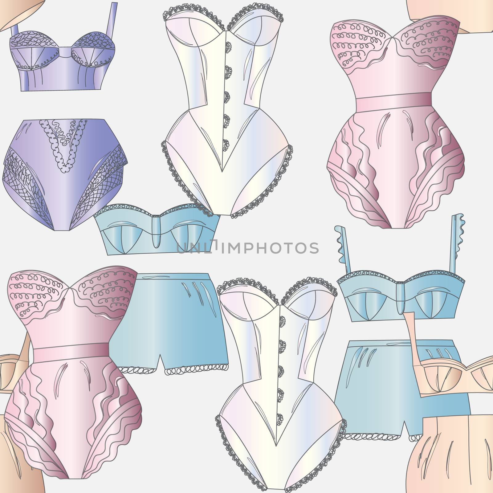 Repeat pattern silk lingerie collection. Lace underwear set , panties, bras, knickers isolated on white background. Vector illustration.