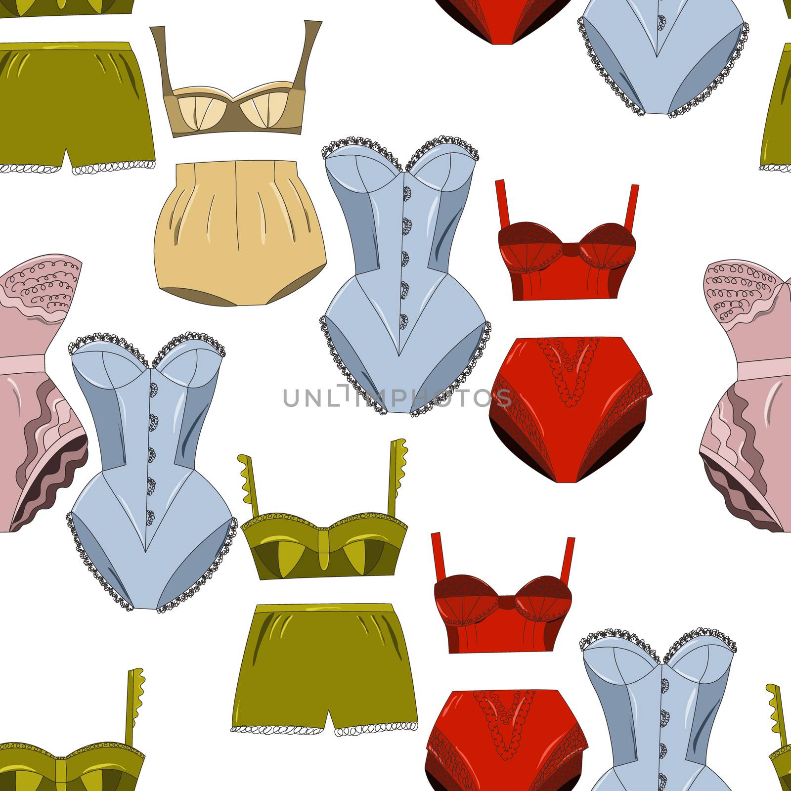 Endless pattern lingerie collection. Lace underwear set , panties, bras, knickers isolated on white background. Vector illustration.