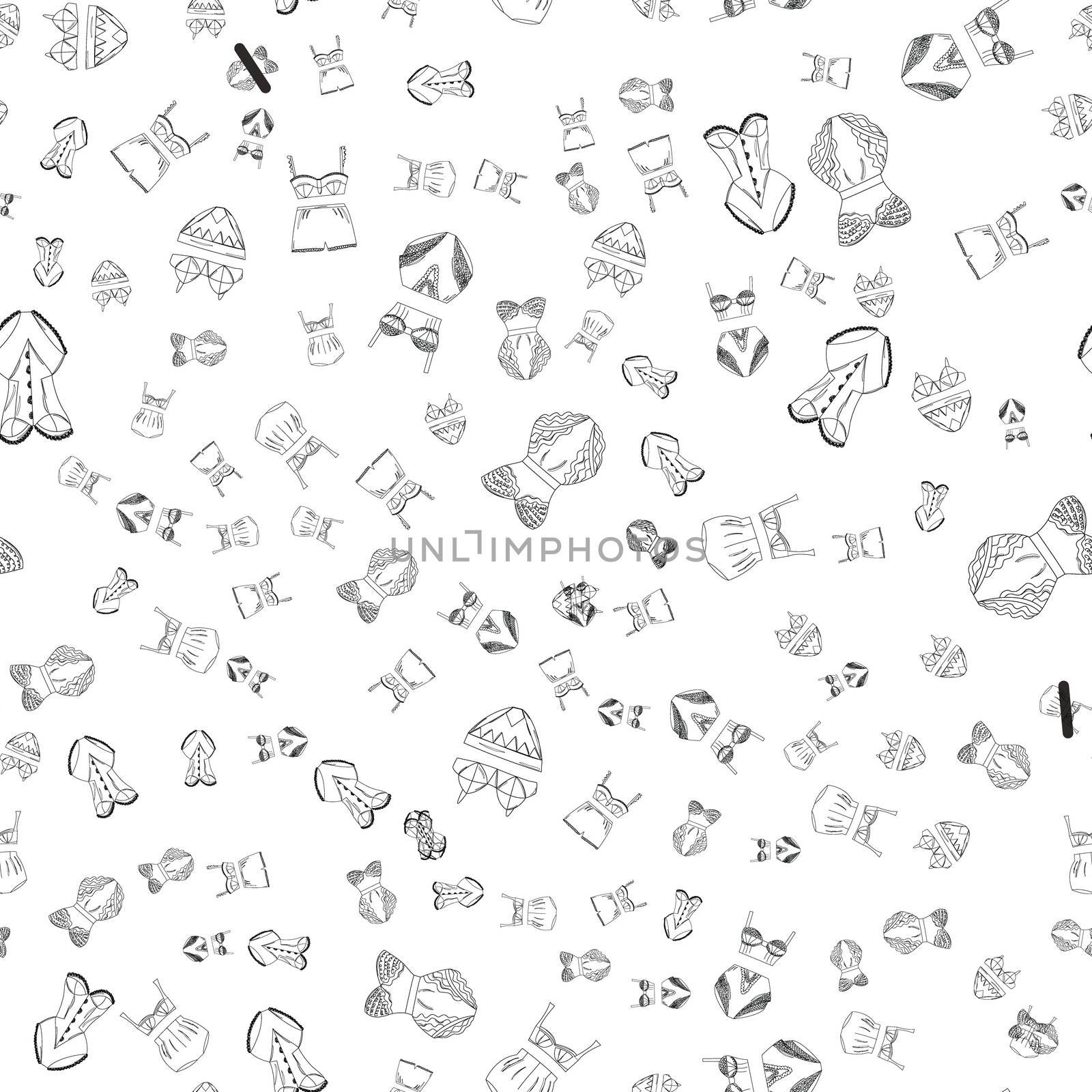 Seamless pattern line art female lingerie collection. Lace underwear set , panties, bras, knickers isolated on white background. Vector illustration.